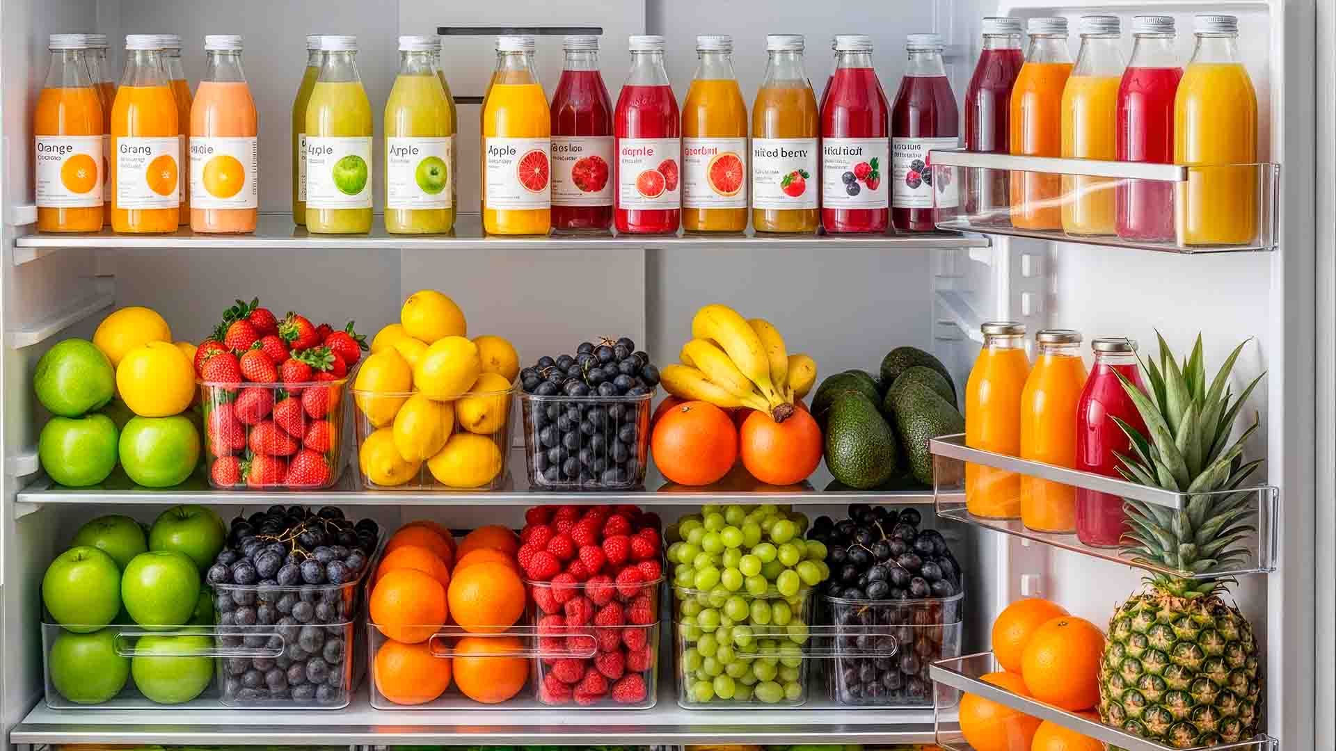 Refrigerador lleno de frutas frescas y jugos coloridos, muy organizado.