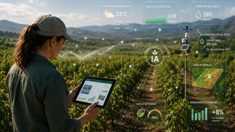 Agricultora con tablet en un viñedo, con panel de datos de IA mostrando estación meteorológica, índice de vegetación, humedad del suelo y recomendación de riego