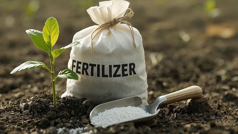 Saco de fertilizante y gránulos junto a un cultivo, imagen ilustrativa de las ayudas agrícolas por la crisis de fertilizantes