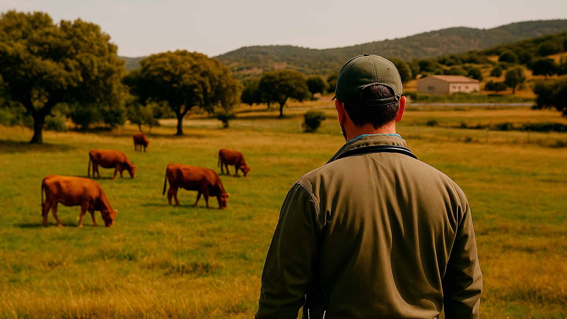 Hombre observa ganado pastando en campo con árboles y colinas al fondo.