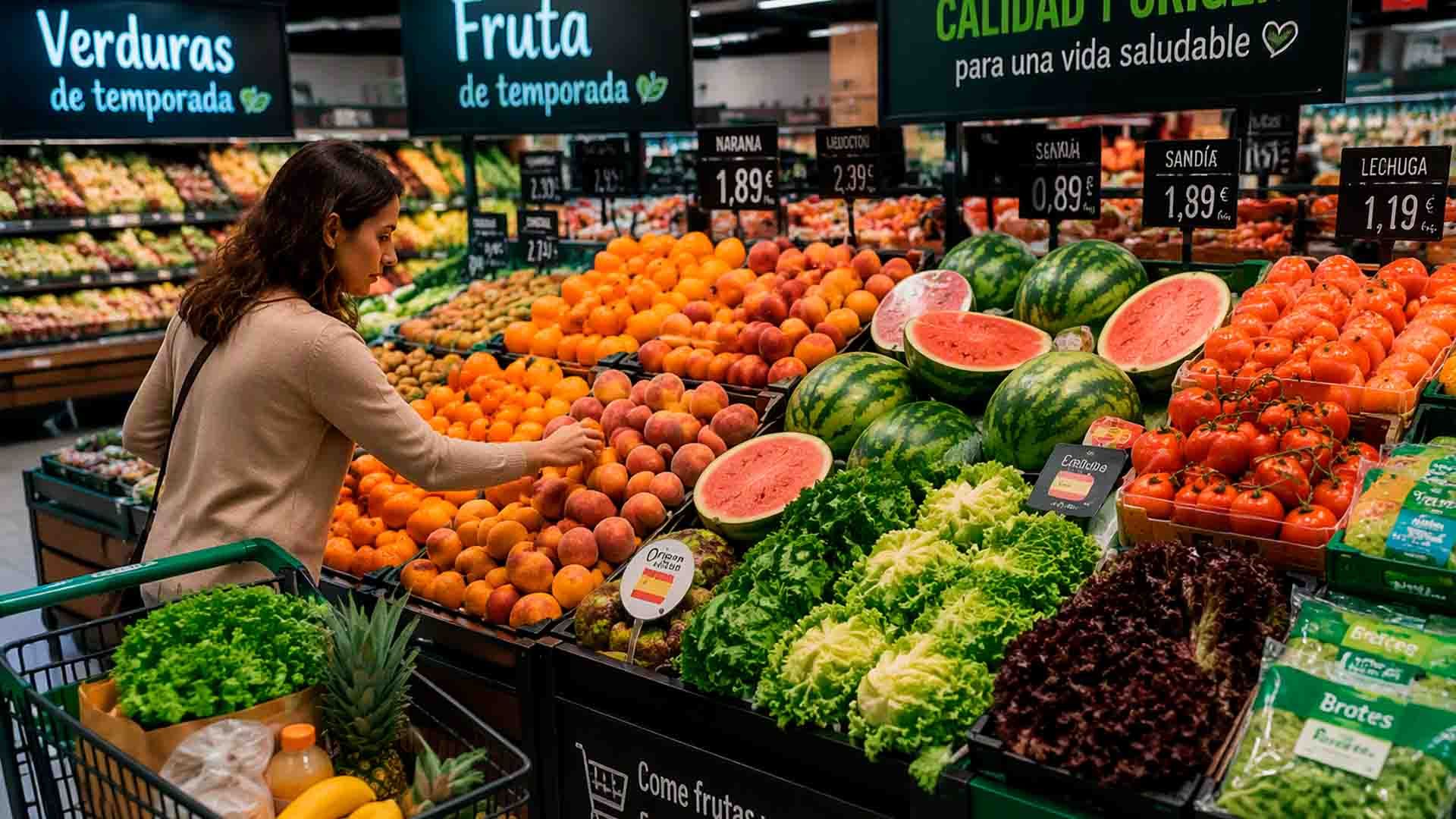 Mujer comprando frutas y verduras frescas de temporada en un supermercado.