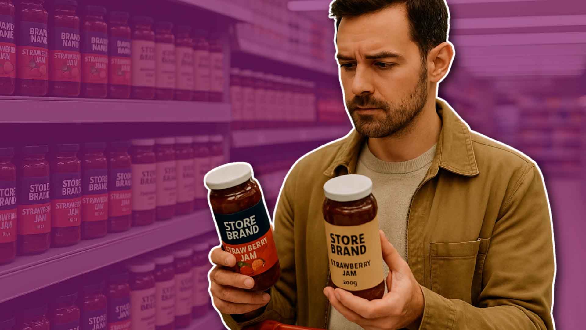 Un hombre comparando dos frascos de mermelada de marca de supermercado en un lineal.