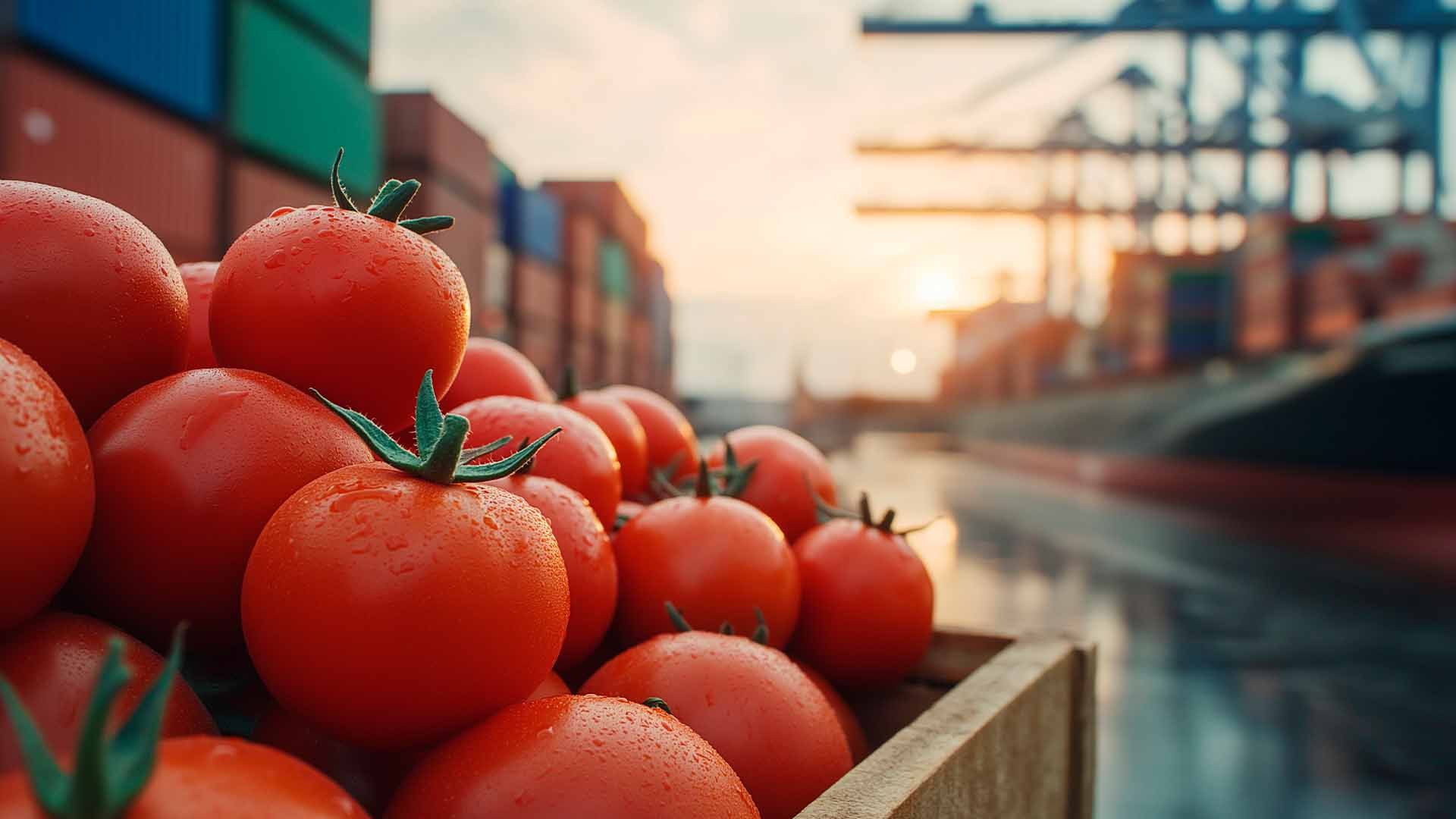 Tomates frescos yacen junto a un buque de carga, listos para su transporte global, simbolizando la cadena de suministro agrícola mundial.