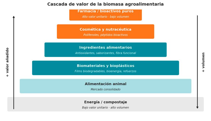 Figura 1. Cascada de valor de la biomasa agroalimentaria: del bajo valor unitario en la base (energía, compostaje) al alto valor unitario en la cima (bioactivos puros).