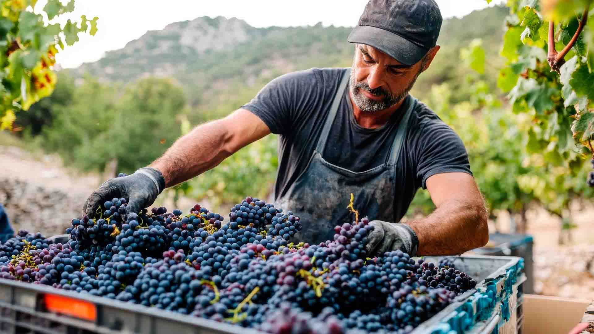 Un hombre cosecha la uva de un viñedo.