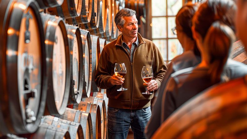 Hombre en bodega hablando con una copa en mano.