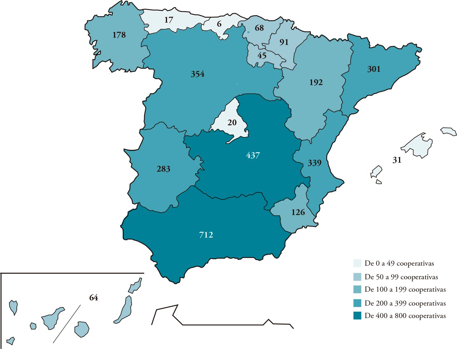 Mapa de España con Representación de las regiones más cooperativizadas, Andalucía seguida de Castilla la Mancha