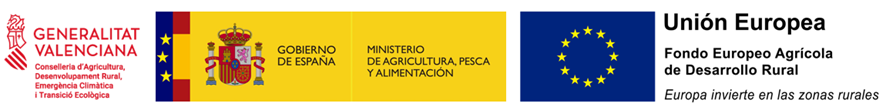 Imagen con los logos de la Generalitat Valenciana - Conselleria d'Agricultura, Gobierno de España - Ministerio de Agricultura, Pesca y Alimentación, y Unión Europea - Fondo Europeo Agrícola de Desarrollo Rural