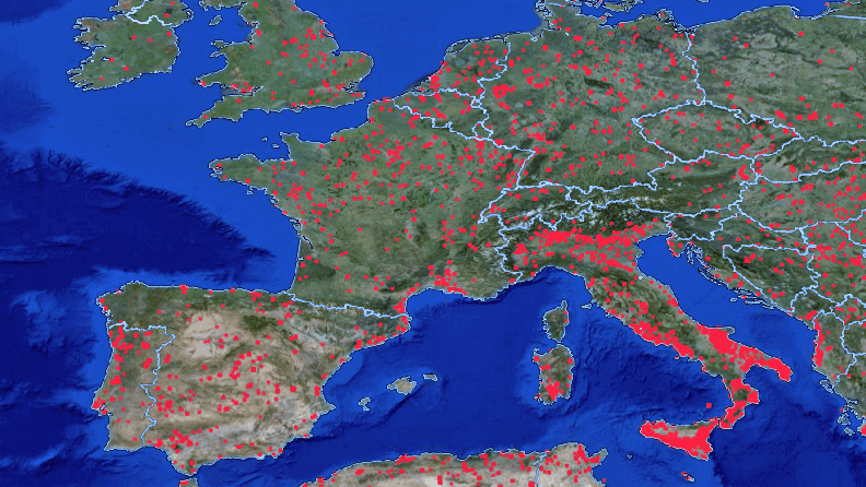 Ola de calor en Europa 2022, mapa indicando con puntos rojos lugares de Europa donde se ha producido un incendio este verano