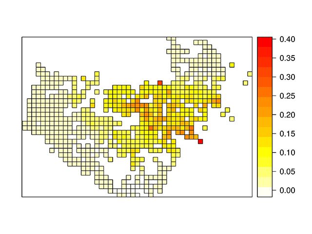Modelo de la probabilidad de presencia de Xylella fastidiosa en la zona demarcada de Alicante, donde puede observarse la fuerte agregación espacial (fuente: Martina Cendoya, IVIA)