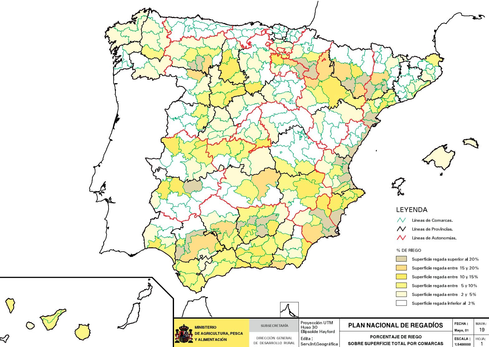 Porcentaje de riego sobre superficie total por comarcas. Ministerio de Agricultura