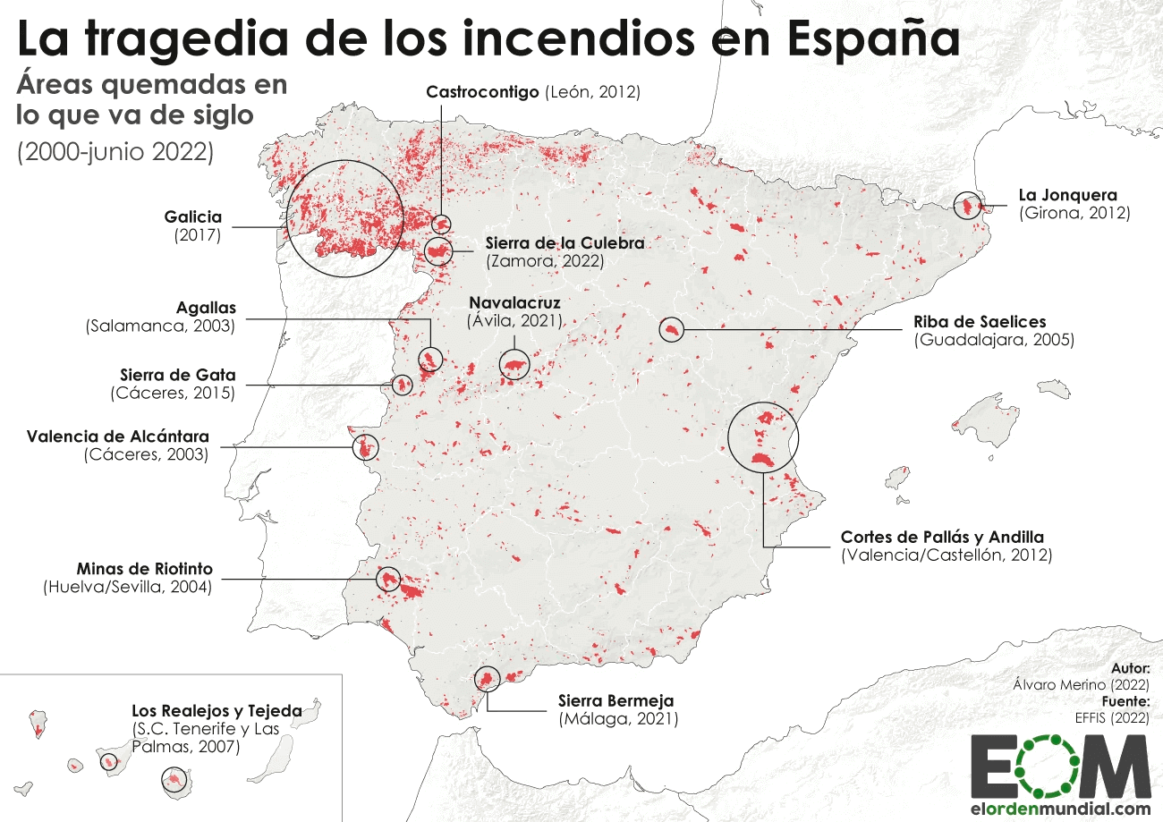 El mapa de los incendios en España. Fuente: El Orden Mundial