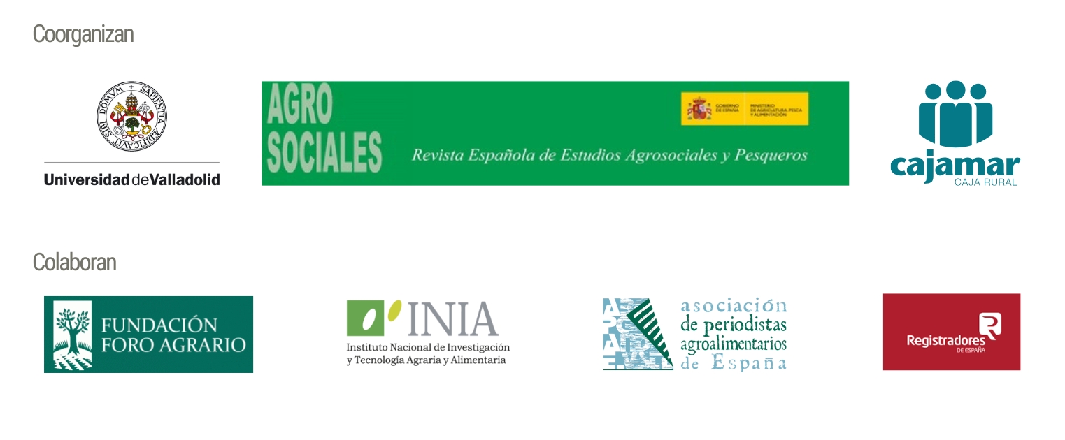 Logos de instituciones que coorganizan y colaboran: Universidad de Valladolid, Agro Sociales, Cajamar.